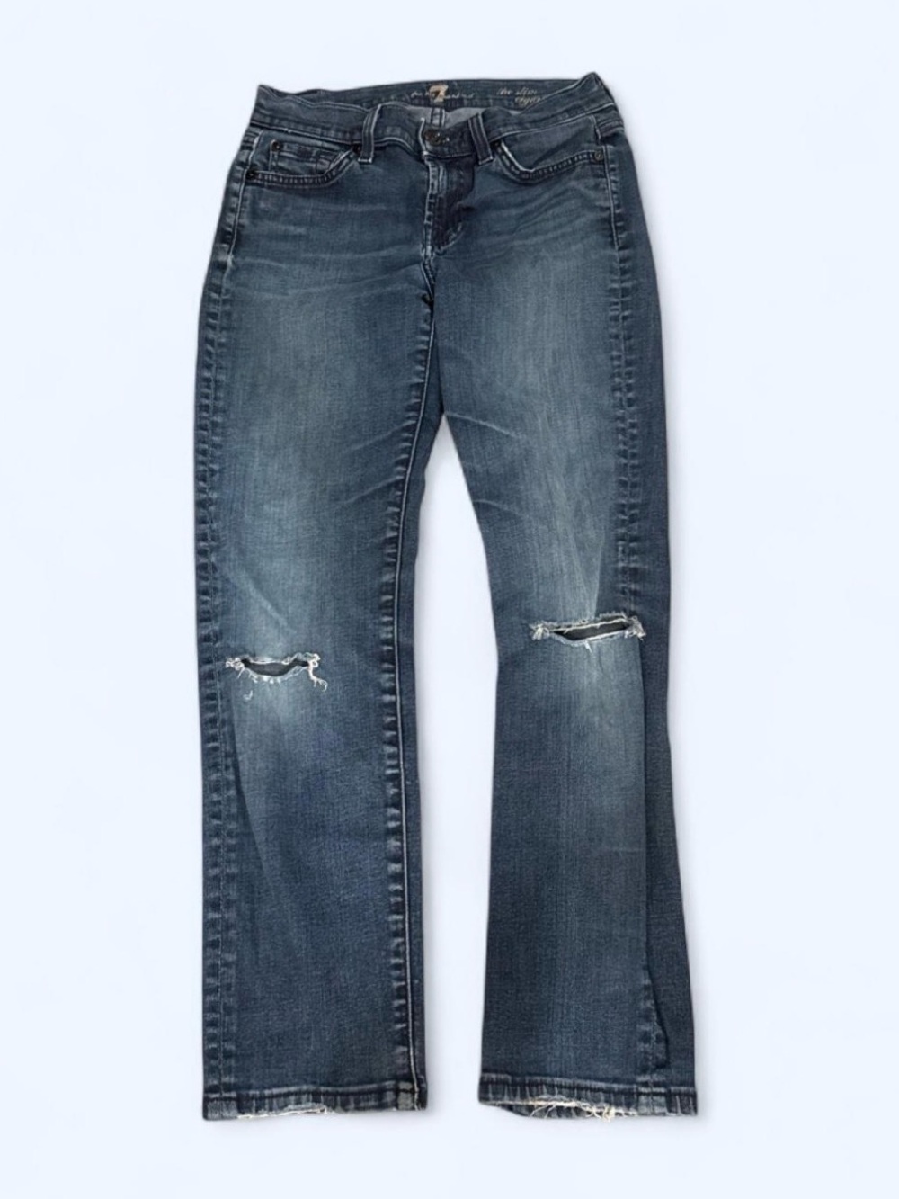 7 For All Mankind Dark Blue Boot Cut Jeans with Knee Rips